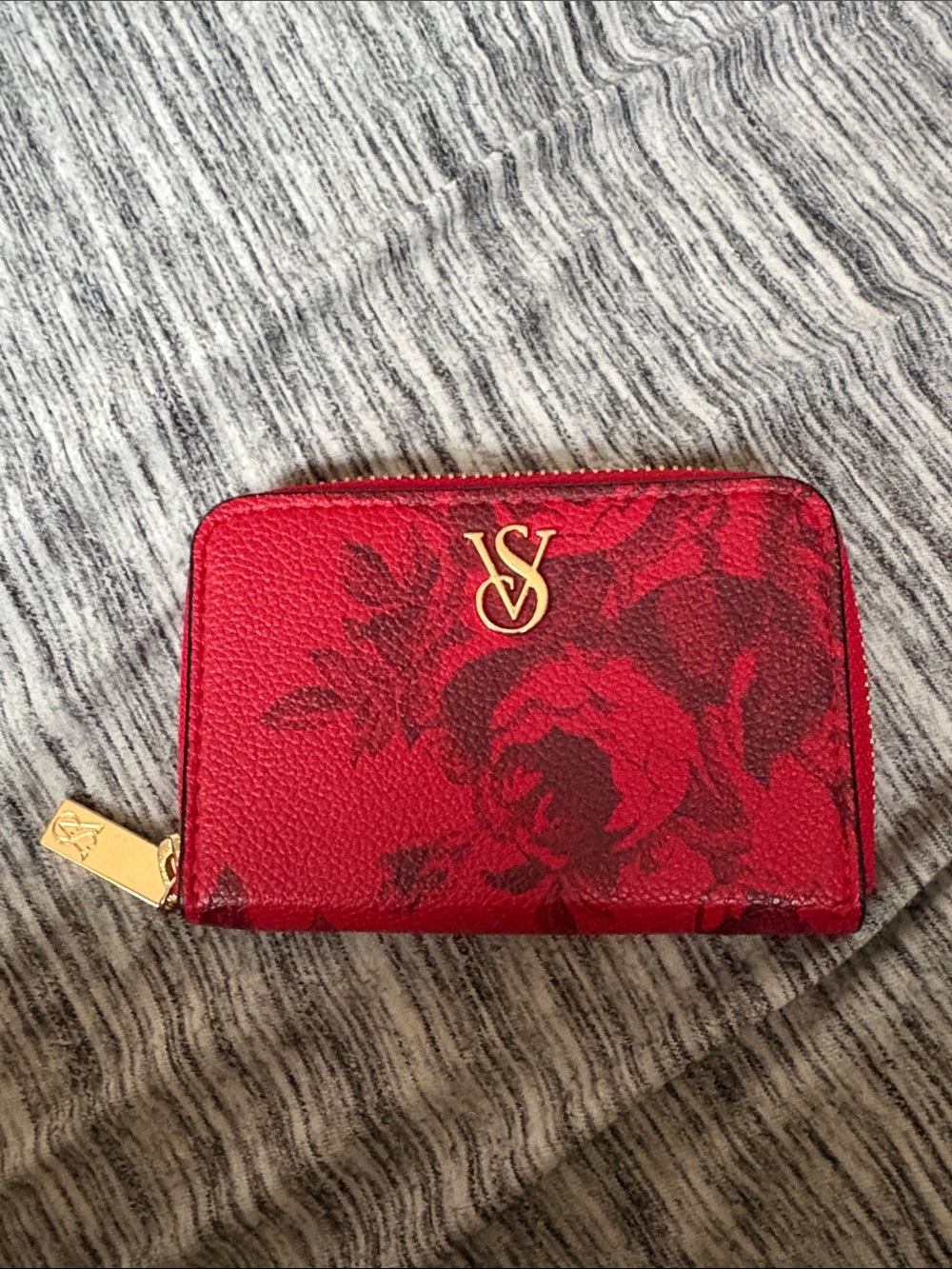Victoria's Secret Red Floral Zip Card Wallet with Gold Logo